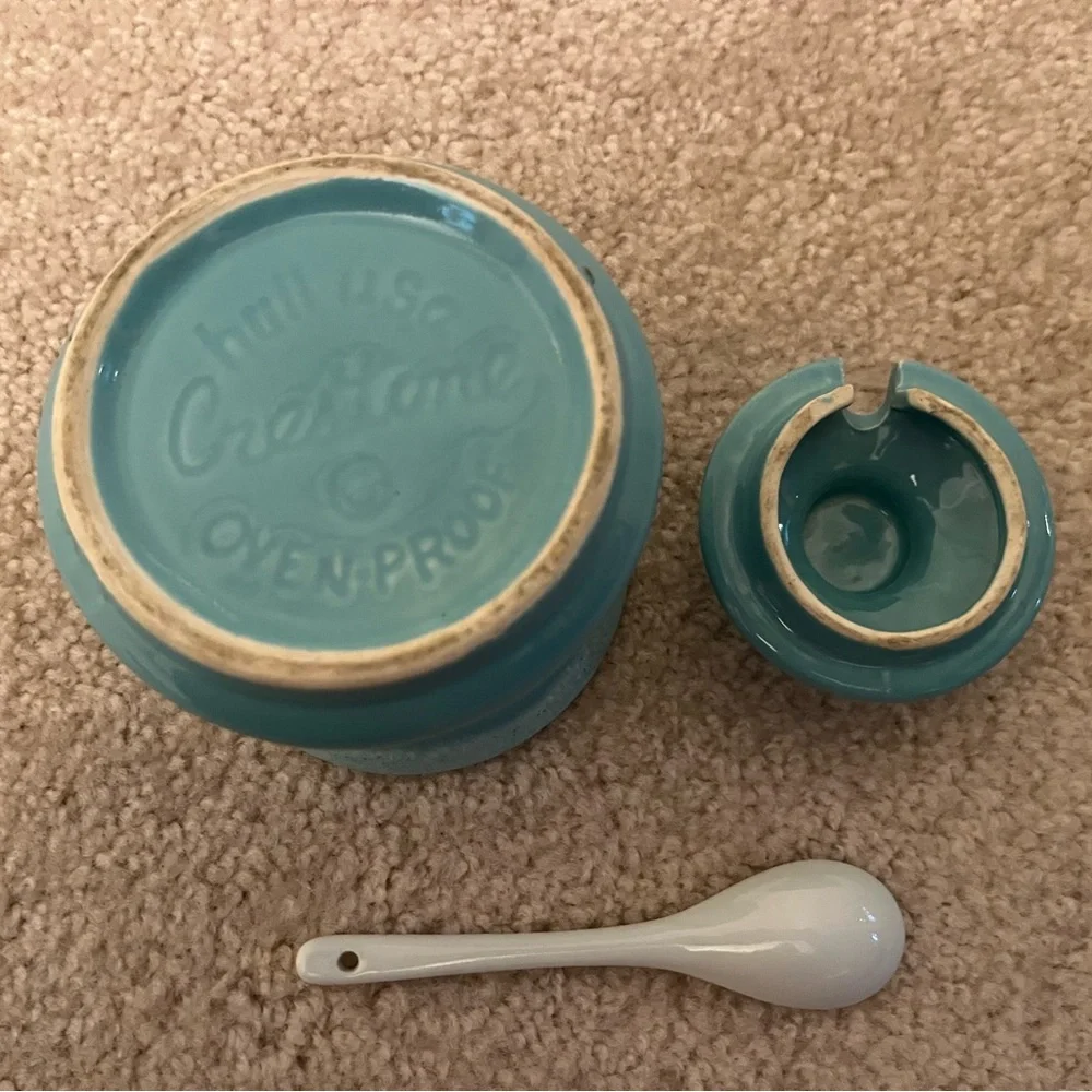 Vintage Crestone Turquoise with white drip edge sugar bowl with lid and spoon. - Picture 5 of 7